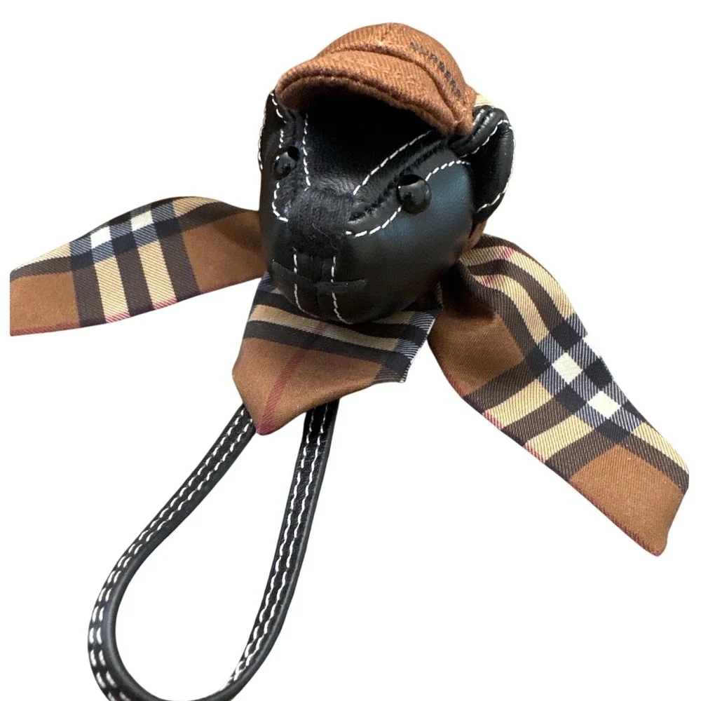 Burberry Thomas Bear Bag Charm Keychain Brown Cap Check Scarf Leather w/ Box - Picture 4 of 10